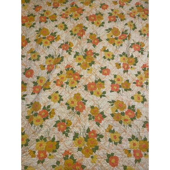 Vintage Floral Quilt Throw Blanket Orange Yellow Flowers Mod Cottagecore MCM 70s - Picture 1 of 9